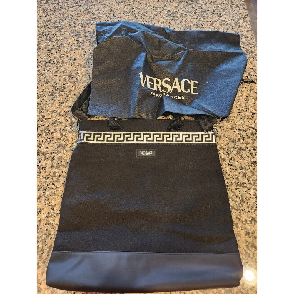 Versace Fragrances Black Canvas Greek Key Silver Accent Zipper Closure